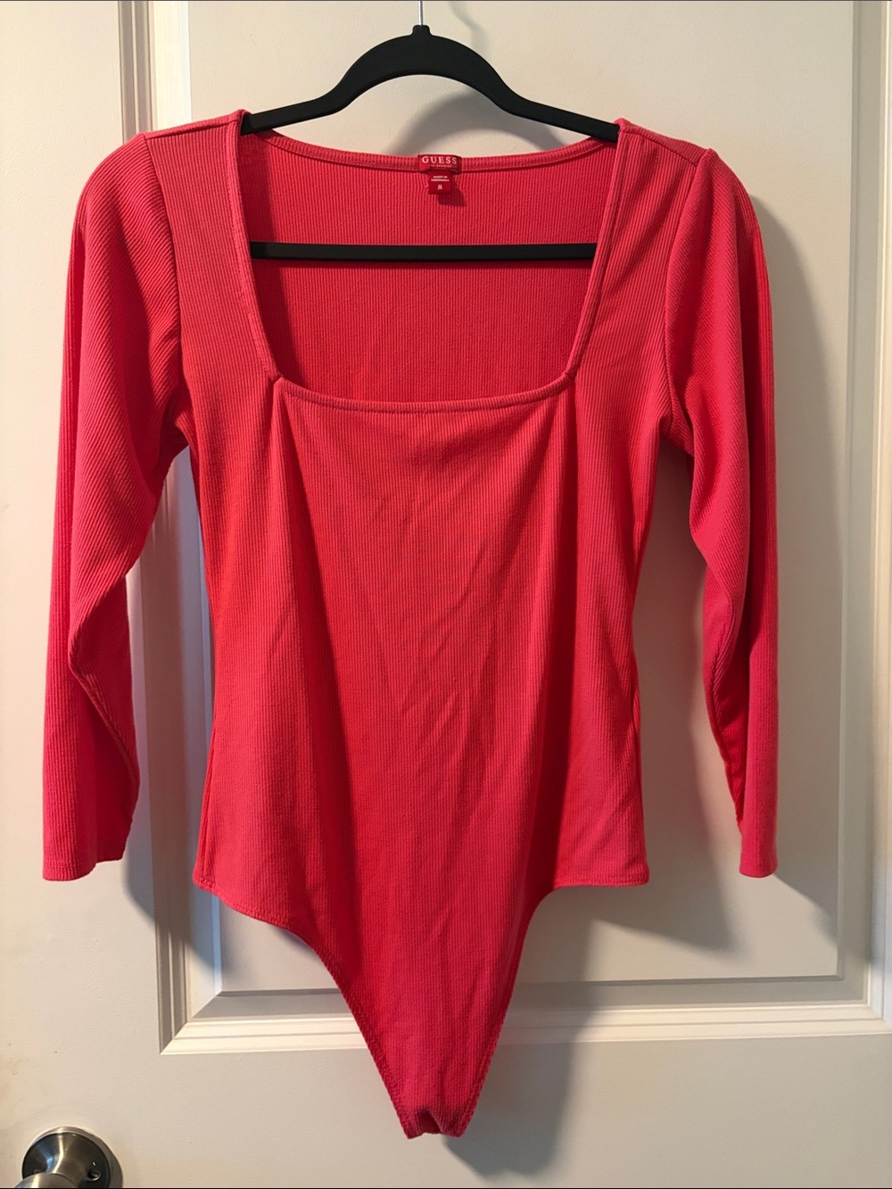 GUESS Coral Pink Ribbed Square-Neck Long Sleeve Bodysuit